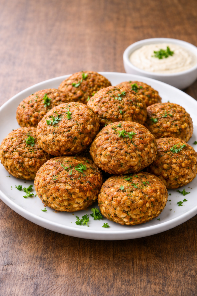 Ρεβυθοκεφτέδες vegan με σως ταχινιού σε πιάτο